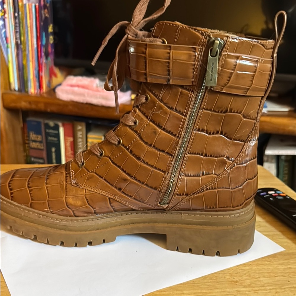Michael Kors Croc-Embossed Lace-Up Combat Boot in Cognac Brown